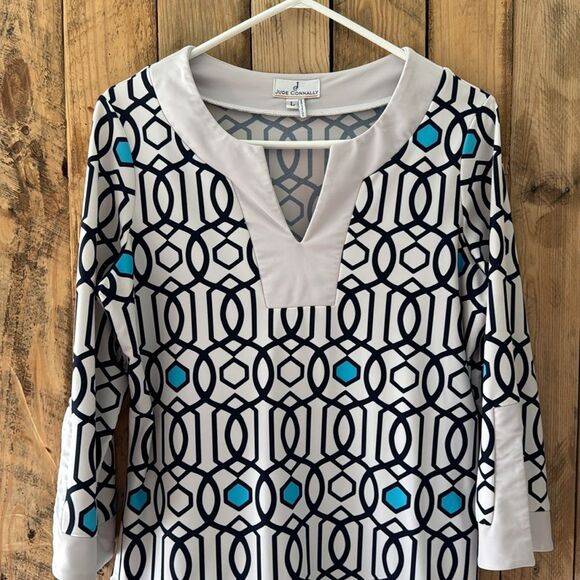 Jude Connally White and Navy Holly Geometric Tunic Top Womens Large Jude Cloth - Picture 2 of 15